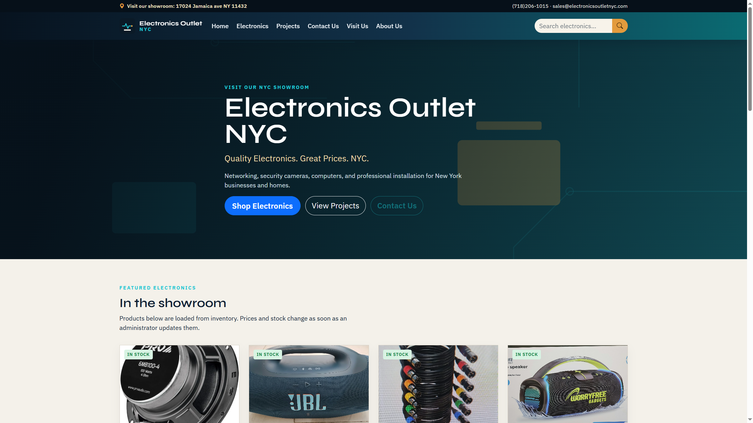 Homepage of the Electronics Outlet NYC website
